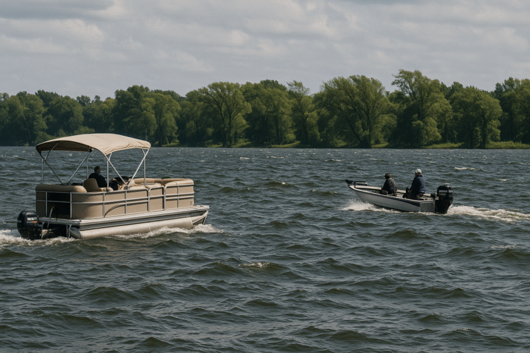Boats on Lake Webster navigating wind and wave patterns that influence boating safety.