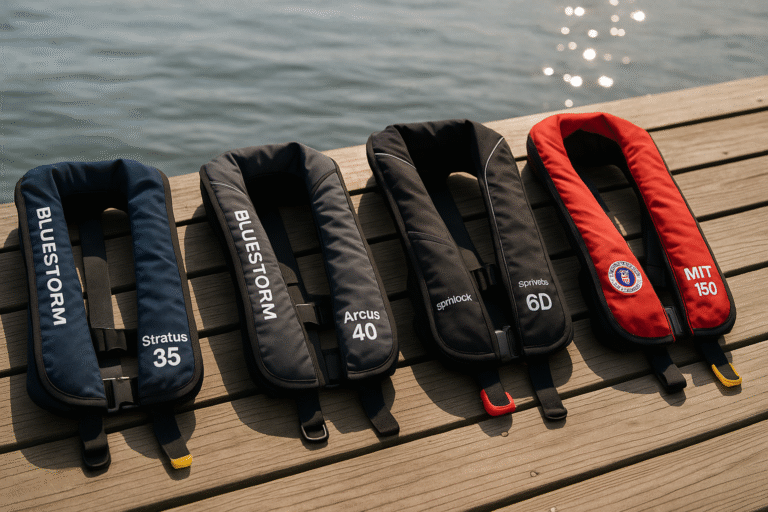 Inflatable life vest safety comparison featuring Bluestorm Stratus 35, Arcus 40, Spinlock Deckvest 6D, and Mustang MIT 150 on a dock.