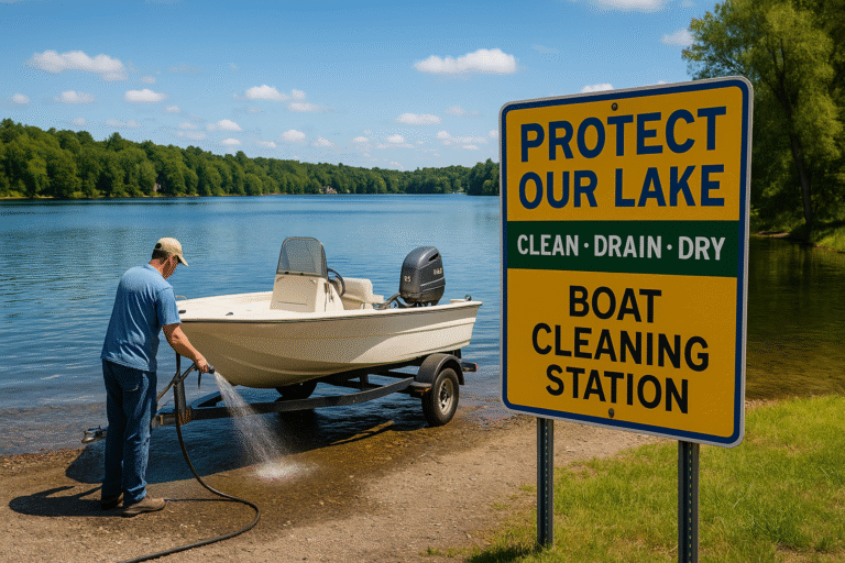 Lake Webster boat cleaning station showing safe practices to prevent harmful algae.