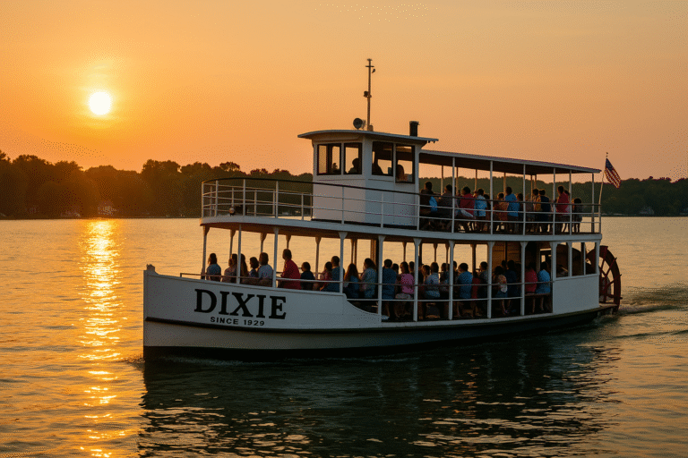 The Dixie sternwheeler boat cruising Lake Webster Indiana at sunset with passengers enjoying the ride.