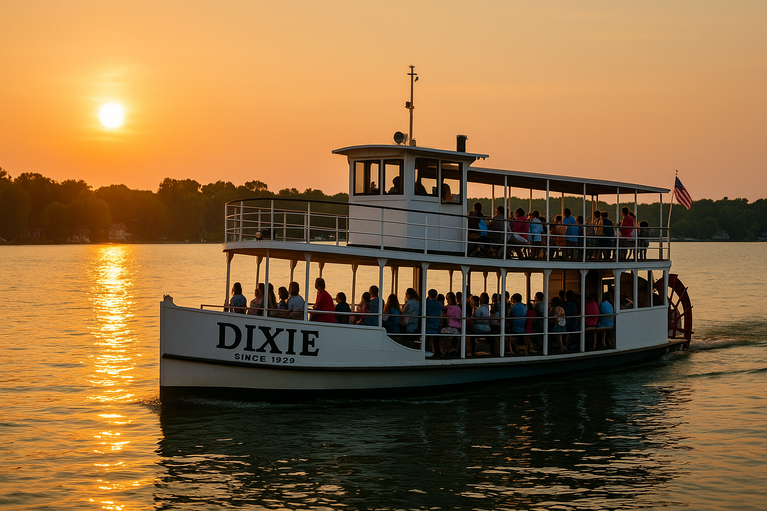 The Dixie sternwheeler boat cruising Lake Webster Indiana at sunset with passengers enjoying the ride.
