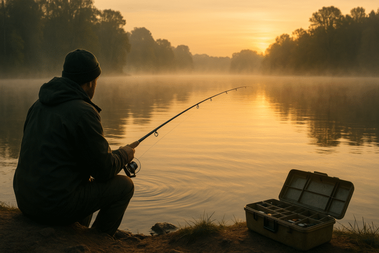 Angler fishing at dawn on Lake Webster, showing the calm water, morning mist, and peaceful start to a fishing day.