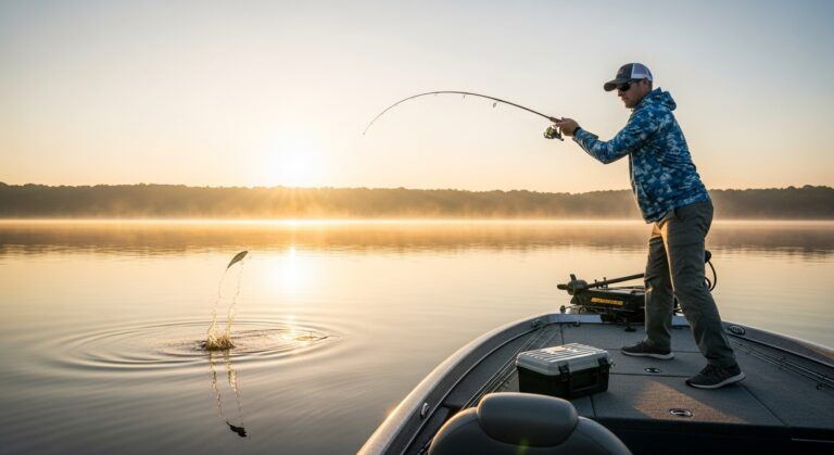 Angler casting a crankbait lure on Lake Webster at sunrise with calm water and golden light.