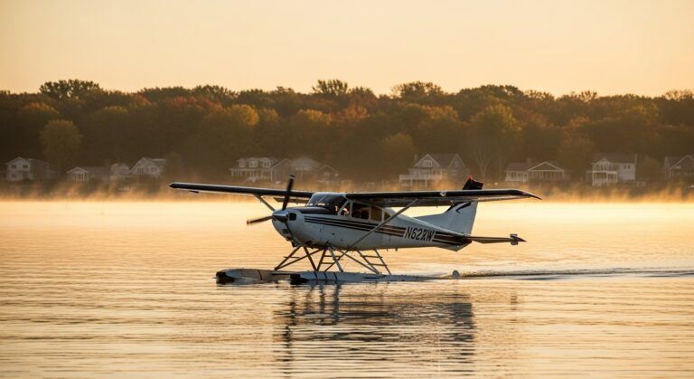 Seaplane landing on Webster Lake at sunrise, representing the Webster Lake Seaplane Base IN9.