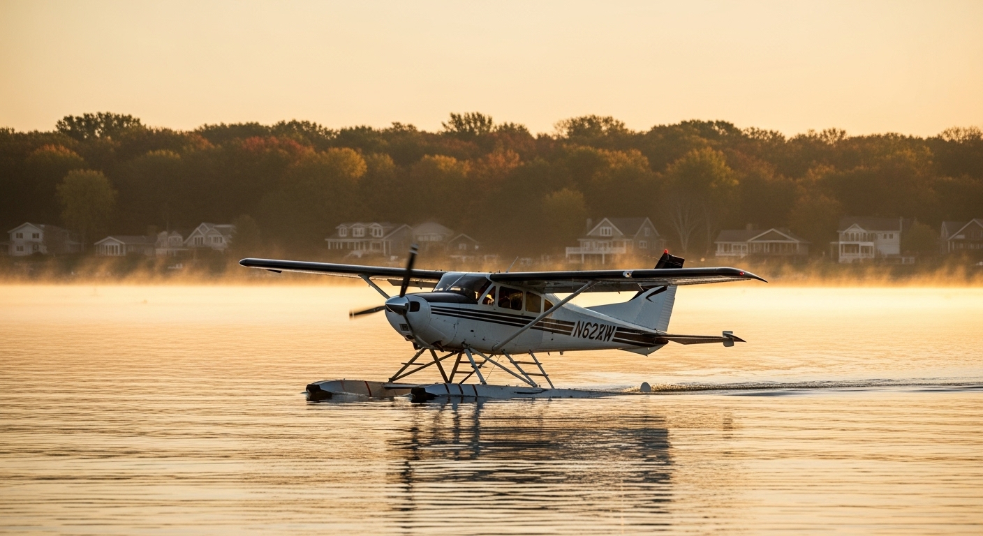 Seaplane landing on Webster Lake at sunrise, representing the Webster Lake Seaplane Base IN9.