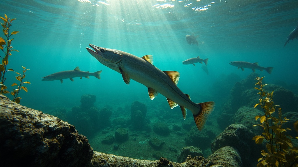 An underwater view of predatory fish in a freshwater lake, including muskie, largemouth bass, northern pike, and walleye among aquatic plants and submerged logs.
