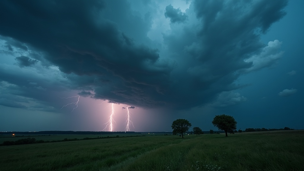 Storm clouds gathering over a rural landscape, distant lightning bolts, wind bending grass.