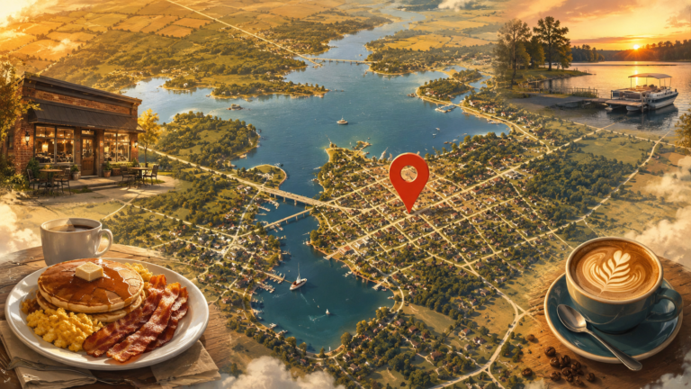 Aerial illustrated map of North Webster, Indiana and Webster Lake featuring a red location pin, local coffee shops, breakfast dishes, lakefront scenery, and warm sunrise colors highlighting popular morning destinations.