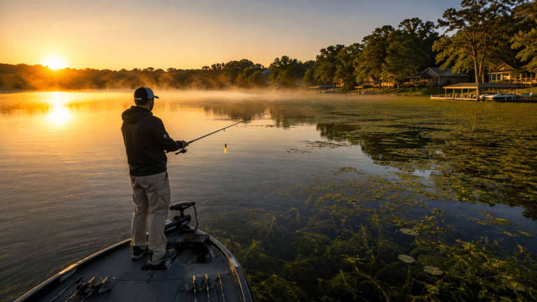 Angler fishing a weed edge on Webster Lake while using proven Lake Webster muskie patterns during summer.
