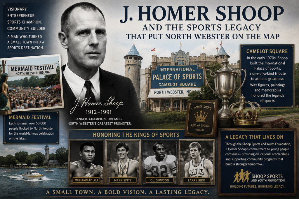 Vintage editorial collage honoring J. Homer Shoop, featuring his portrait alongside Camelot Square, the Mermaid Festival crowd, North Webster lake imagery, sports trophies, and tributes to athletic legends tied to Shoop’s North Webster sports legacy.