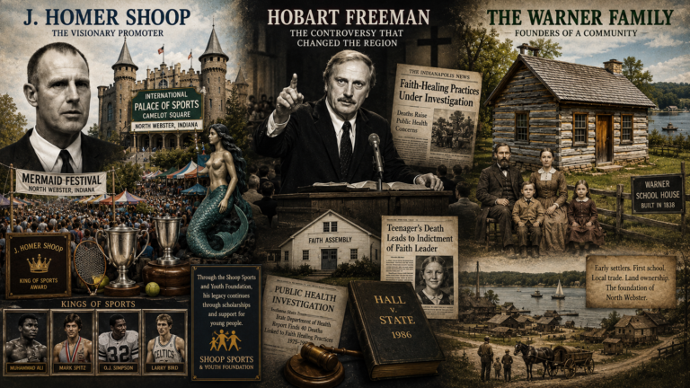 Historical collage of North Webster, Indiana featuring J. Homer Shoop with Mermaid Festival and Camelot Square sports imagery, Hobart Freeman preaching amid Faith Assembly controversy and legal headlines, and the Warner family beside the Warner School House and an early lakeside settlement scene.