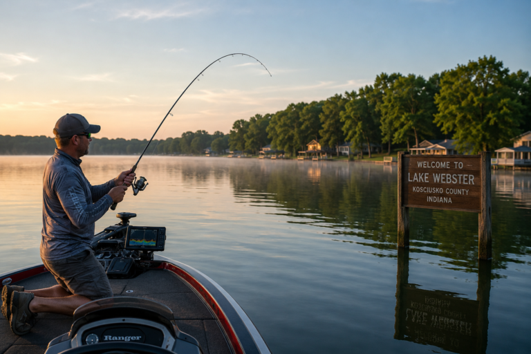 Angler fishing for muskie from a boat on Lake Webster in Indiana during a calm summer morning.