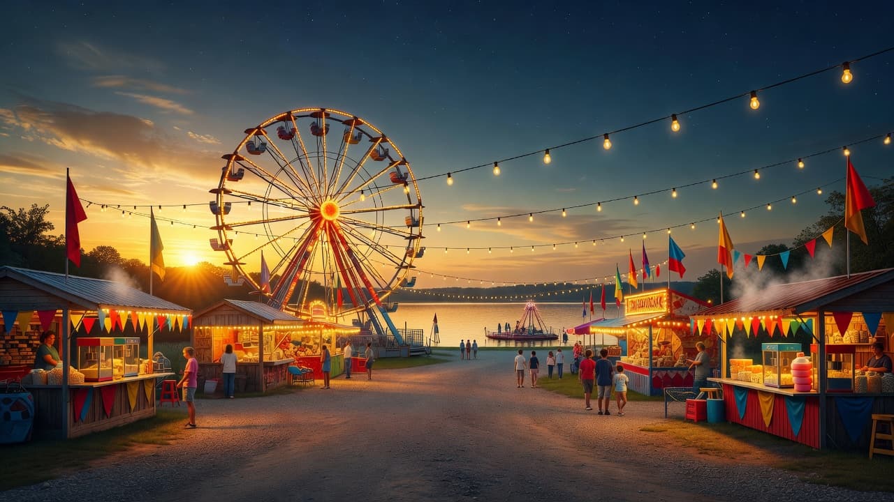 North Webster Mermaid Festival lit up at golden hour, with a glowing Ferris wheel and food stalls along a lakeside midway as families enjoy the summer evening.